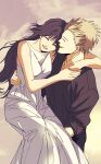  1boy 1girl arm_around_neck black_hair black_shirt blonde_hair brown_background carrying carrying_person closed_eyes commentary_request couple dress facing_another facing_viewer happy hetero highres kaoru_hana_wa_rin_to_saku long_dress long_hair ninaringo open_mouth princess_carry profile russian_commentary shirt short_hair sleeveless sleeveless_dress smile spiked_hair tsumugi_rintarou very_long_hair very_short_hair waguri_kaoruko white_dress 