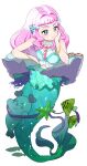  1girl :| beads blue_eyes blue_shirt bracelet breasts closed_mouth commentary_request crab crop_top frilled_shirt frills full_body hair_beads hair_intakes hair_ornament hand_on_own_cheek hand_on_own_face jewelry kururun_(precure) laura_la_mer_(mermaid) long_hair merfolk mermaid midriff monster_girl moudoku_(decopon3rd) partially_submerged pink_hair precure seal_(animal) shirt small_breasts starfish tropical-rouge!_precure underwater white_background 
