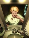  2boys ana_pudim arm_up ash_lynx banana_fish bathroom black_pants black_shirt blonde_hair blood blood_on_clothes blood_on_face commentary english_commentary faucet gun highres indoors injury looking_at_mirror male_focus mirror multiple_boys nosebleed okumura_eiji pants revolver shirt short_hair sink solo_focus toothbrush towel twitter_username water weapon 