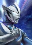 1boy absurdres alien blue_eyes blue_skin color_timer colored_skin commentary compound_eyes dorsal_fin from_below giant giant_male glowing glowing_eyes gradient_eyes hand_on_own_chest highres light_rays looking_ahead male_focus multicolored_eyes multicolored_skin no_pupils pectorals pointy_ears silver_skin sky solo star_(sky) starry_sky starry_sky_background thomas_chan tokusatsu toned toned_male two-tone_eyes two-tone_skin ultra_series ultraman_teo ultraman_teo_(series) upper_body white_eyes wrinkled_skin 