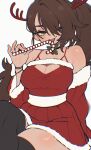  1girl absurdres bare_shoulders black_choker black_thighhighs blush breasts brown_hair candy candy_cane choker cleavage commentary crossed_legs dayo34 english_commentary eyelashes fake_antlers food fur_trim green_eyes hair_over_one_eye highres holding holding_candy holding_candy_cane holding_food holly long_hair one_eye_closed original red_skirt santa_costume shiny_skin simple_background sitting skirt smile solo thighhighs white_background zettai_ryouiki 