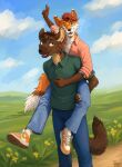 absurd_res anthro brown_body brown_fur brown_hair canid canine carrying_another clothed clothing duo eyewear fluffy fluffy_tail footwear fox fur glasses grass gulonine hair hi_res lisnick_(character) male male/male mammal marten meadow mustelid musteline nike_dunk orange_body orange_fur piggyback pine_marten plant red_hair shoes simple_background sky smile sneakers summer tahvo_(artist) tahvo_(character) tail wearing_glasses
