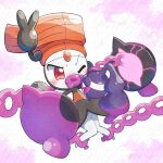 1:1 2026 absurd_res ambiguous_gender ambiguous_humanoid black_body blush digital_drawing_(artwork) digital_media_(artwork) duo eye_contact feeding forehead_gem gem generation_5_pokemon generation_9_pokemon hi_res humanoid legendary_pokemon looking_at_another lucky777 meloetta meloetta_(pirouette_form) multicolored_body nintendo one_eye_closed orange_body pecharunt pokemon pokemon_(species) purple_body red_eyes restrained_arms restrained_legs shaded slim slim_ambiguous slim_humanoid soft_shading three-quarter_view white_body