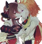  ahoge animal_ears ascot bare_shoulders braid braided_hair_rings breasts brown_hair cape commentary_request corset detached_sleeves dress ear_covers ear_ornament fang gem gentildonna_(regina_dei_fiori)_(umamusume) gentildonna_(umamusume) gloves green_gem hair_between_eyes hair_ornament hair_rings heart-shaped_ornament heart_ear_ornament highres horse_ears horse_girl jacket large_breasts long_hair long_sleeves multicolored_hair multiple_girls open_mouth orange_hair orfevre_(control)_(umamusume) orfevre_(umamusume) purple_eyes red_cape red_corset red_eyes reya_p_d3 see-through_cleavage see-through_clothes simple_background single_ear_cover smile two-tone_hair umamusume white_background white_gloves white_hair white_jacket 