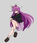  1girl animal_ears avian_zebra black_jacket blazer blush breasts bright_pupils brown_shoes buttons collared_shirt commentary dot_nose english_commentary full_body grey_background hair_between_eyes hands_on_own_knee highres jacket knee_up loafers long_hair long_sleeves looking_at_viewer necktie pink_skirt pleated_skirt pocket purple_hair rabbit_ears rabbit_girl rabbit_tail red_eyes red_necktie reisen_udongein_inaba shirt shoes simple_background skirt socks solo tail touhou very_long_hair white_pupils white_shirt white_socks 