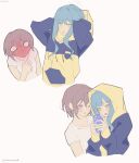  2girls absurdres bang_dream! bang_dream!_it's_mygo!!!!! blue_hair blush borrowed_clothes brown_eyes callmeberrypls cellphone commentary embarrassed full-face_blush grey_hair highres hood hood_up hoodie logo multiple_girls one_eye_closed phone shirt short_hair sidelocks smartphone takamatsu_tomori togawa_sakiko untranslatable_commentary yellow_eyes yuri 