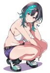  1girl aqua_hair belt bikini black_hair blush breasts commentary_request earrings grin highres hololive hololive_dev_is irodori_drawpic jewelry large_breasts looking_at_viewer multicolored_hair navel red_eyes rindo_chihaya shoes short_shorts shorts simple_background smile solo squatting swimsuit virtual_youtuber white_background white_bikini 