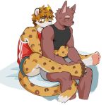 anthro bangs bedding black_clothing black_shirt black_topwear bottomwear brown_body brown_fur brown_markings brown_nose brown_spots canid canine canis cheek_tuft claws clothed clothed_male clothing colored colored_sketch digital_drawing_(artwork) digital_media_(artwork) domestic_dog duo eyebrows facial_tuft felid feline fully_clothed fully_clothed_male fur green_eyes grey_bottomwear grey_clothing grey_shorts hair head_tuft hi_res hug hugging_another hugging_from_behind joeyzliaotang kemono looking_at_another male male/male male_anthro mammal markings multicolored_body multicolored_fur orange_body orange_fur pawpads paws pink_pawpads red_clothing red_shirt red_topwear shaded shirt short_hair shorts simple_background sitting sketch snout spots spotted_body spotted_fur tan_body tan_fur thick_eyebrows topwear tuft white_background white_claws