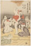 18th_century absurd_res ambiguous_anthro ambiguous_gender ambiguous_human ancient_art anthro aquatic asian_clothing biped carrying_another clothed clothed_ambiguous clothed_human clothing dancing domestic_cat dorsal_fin east_asian_clothing felid feline felis feral fin fish flute fur group hi_res human humanoid_hands japanese_clothing japanese_text kerchief kerchief_only kimono kitagawa_utamaro mammal musical_instrument paws playing_music predator/prey print_clothing scales semi-anthro simple_background sitting sitting_on_ground standing tail tail_fin text tongue tongue_out traditional_media_(artwork) veil whiskers wind_instrument woodwind_instrument