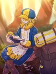  1boy backpack bag baseball_cap belt blonde_hair book brown_belt closed_mouth commentary_request forest hat hat_over_eyes holding holding_book light_rays long_sleeves male_focus nature on_tree_stump outdoors pokemon pokemon_(creature) pokemon_legends:_arceus runachikku sitting smile solo sunbeam sunlight volo_(pokemon) 