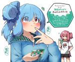 2girls absurdres black_shorts blue_hair blue_hoodie blue_nails blue_scrunchie blush closed_mouth commentary_request datemegane eating eyes_visible_through_hair hair_bun hair_ornament hair_over_one_eye hair_scrunchie hand_on_own_hip highres hood hood_down hoodie kotonoha_akane kotonoha_aoi long_hair long_sleeves mint_chocolate multiple_girls nail_polish notice_lines pink_hair red_eyes scrunchie shirt short_sleeves shorts siblings simple_background sisters translation_request upper_body voiceroid white_background white_shirt 