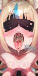  1girl absurdres animal_ear_fluff animal_ears blindfold blonde_hair blush breasts cat_ears close-up collarbone commentary_request cum cum_in_mouth english_text facing_viewer fangs from_above heart heavy_breathing highres indie_virtual_youtuber long_hair meshiiro_(rome_sy) multicolored_hair nipples nude open_mouth perspective petite saliva sameko_saba shiny_skin small_breasts solo speech_bubble squatting streaked_hair teeth tile_floor tiles tongue tongue_out twintails virtual_youtuber 