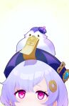  1girl absurdres akaika_(aka) animal_on_head bird bird_on_head coin_hair_ornament commentary_request eyeliner finch genshin_impact hair_ornament hat highres looking_up makeup ofuda ofuda_on_head on_head purple_eyes purple_hair purple_hat qingdai_guanmao qiqi_(genshin_impact) simple_background solo vision_(genshin_impact) 
