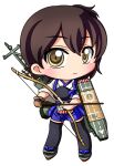  1girl black_thighhighs blue_hakama blush bow_(weapon) brown_eyes brown_gloves brown_hair chibi chibi_only closed_mouth commentary_request double-parted_bangs full_body gloves green_sandals hair_between_eyes hakama hakama_short_skirt hakama_skirt holding holding_bow_(weapon) holding_weapon japanese_clothes kaga_(kancolle) kantai_collection kimono long_sleeves muneate platform_sandals sandals shinjitsu short_hair simple_background single_glove skirt solo standing thighhighs weapon white_background white_kimono wide_sleeves 