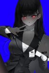  1girl :o absurdres black_hair black_jacket black_pantyhose blue_archive blue_background breasts commentary highres holding id_card jacket large_breasts light_blush long_hair nail_polish ougiikun pantyhose red_eyes red_nails rio_(blue_archive) solo sweater turtleneck turtleneck_sweater watch white_sweater wristwatch 