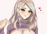  1girl alien_(incelianna) alternate_costume blonde_hair blue_eyes blush breasts breasts_out brown_dress cleavage commentary dress earrings english_text fingernails fire_emblem fire_emblem:_three_houses fire_emblem_warriors:_three_hopes grey_hair hand_up heart jewelry large_breasts light_smile lipstick long_sleeves looking_at_viewer makeup medium_hair mercedes_von_martritz naughty_face official_alternate_hairstyle pearl_earrings pink_background pink_lips posing purple_eyes seductive_smile smile solo sweater turtleneck turtleneck_sweater upper_body 