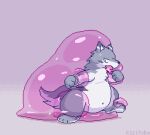 >_< ambiguous_gender animated animated_gif anthro belly belly_inflation big_belly blush blush_lines bodily_fluids breath canid canine countershade_fur countershading digital_media_(artwork) eyes_closed fangs force_feeding force_feeding_goo forced fur gradient_background grey_body grey_fur huge_belly hyper hyper_belly inflation kemono kizitoba long_playtime mammal navel open_mouth panting pawpads paws pixel_(artwork) pixel_animation purple_goo purple_slime restrained_arms restrained_legs simple_background slime_inflation solo struggling sweat sweatdrop teeth vore white_belly white_body white_fur