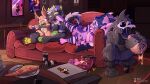 16:9 absurd_res angry anthro beany_(veenveegoddess) breasts detailed_background dragon eeveelution featureless_breasts featureless_crotch female food gaming generation_9_pokemon group hi_res latex male meowscarada mountain_dew mythological_creature mythological_scalie mythology nintendo nude pizza pokemon pokemon_(species) scalie skulldog_(species) sleeping text ttux3 url widescreen