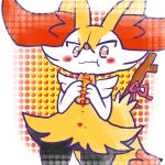 1:1 2024 ambiguous_anthro ambiguous_gender annyui0611 anthro biped blush blush_stickers bow_ribbon braixen canid digital_drawing_(artwork) digital_media_(artwork) dipstick_tail dutch_angle eating eating_food eating_meat food front_view generation_6_pokemon hi_res hot_dog mammal markings meat messy_eater mouth_closed nintendo object_in_tail pokemon pokemon_(species) portrait puffed_cheeks simple_background snout solo sparkles sparkling_eyes standing stick stick_in_tail tail tail_markings three-quarter_portrait