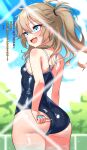  1girl absurdres adjusting_clothes adjusting_swimsuit ass blue_nails blue_one-piece_swimsuit blurry brown_hair commentary_request competition_school_swimsuit cowboy_shot depth_of_field from_behind highres kasukabe_tsumugi long_hair looking_at_viewer looking_back maretto nail_polish one-piece_swimsuit open_mouth ponytail school_swimsuit smile solo swimsuit teeth translation_request upper_teeth_only voicevox 