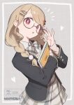  1girl :o artist_name black_jacket blazer blonde_hair book bow bowtie braid braided_twintails bright_pupils collared_shirt commentary_request cowboy_shot grey_background grey_bow grey_bowtie grey_skirt grey_sweater grid_background hair_bow hair_ornament hair_over_shoulder hairclip hands_up heart highres holding holding_book jacket kogara_toto kogara_toto_(9th_costume) layered_sleeves long_hair long_sleeves looking_at_viewer looking_to_the_side miniskirt niboshidrip notebook open_clothes open_jacket open_mouth parallel_hairclips plaid_bow plaid_bowtie plaid_clothes plaid_skirt pleated_skirt pom_pom_(clothes) pom_pom_hair_ornament red_bow red_eyes school_uniform shirt skirt solo standing sweater triangle_hair_ornament virtual_youtuber vspo! white_pupils white_shirt 