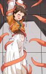  1girl arms_up bakasp-lilzy blush bound breasts brown_eyes brown_hair clothing_cutout commentary dress english_commentary highres kusuriya_no_hitorigoto long_sleeves navel navel_cutout one_eye_closed open_mouth restrained small_breasts solo tentacles tickling xiaolan_(kusuriya_no_hitorigoto) 