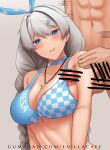  1boy 1girl 1nilla' aqua_bikini armpit_focus armpit_sex armpits bar_censor bikini blue_eyes braid breasts captain_(honkai_impact) censored cleavage closed_mouth collarbone commentary english_commentary hetero highres honkai_(series) honkai_impact_3rd jewelry kiana_kaslana kiana_kaslana_(sunny_beach) large_breasts long_hair looking_at_viewer navel necklace penis smile solo swimsuit twin_braids upper_body white_hair 