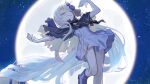  1girl boots closed_eyes commentary_request dancing dress flat_chest full_moon moon night official_art outstretched_arms sky smile solo spread_arms star_(sky) starry_sky thigh_gap tsuki_to_odorou tyaui_(xjju4435) 