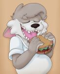 2021 anthro belly burger clothing compression_artifacts denaturedalbumin domestic_cat duo felid feline felis female food fur grey_body grey_fur hi_res human imminent_vore male mammal micro overweight shirt topwear white_clothing white_shirt white_topwear