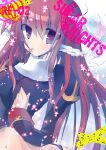  1girl blush breasts circle_name closed_mouth commentary_request cross cross_in_mouth dress feathered_wings hanimitsu head_wings juliet_sleeves long_hair long_sleeves looking_at_viewer medium_breasts navel priest_(ragnarok_online) puffy_sleeves purple_dress purple_eyes ragfes ragnarok_online red_hair solo torn_clothes torn_dress upper_body white_wings wings 