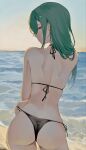  1girl ass back beach bikini bikini_tug black_bikini closed_mouth commentary ear_piercing earrings from_behind green_hair highres jewelry long_hair looking_at_viewer looking_back ocean outdoors piercing purple_eyes skindentation solo string_bikini stud_earrings swimsuit turning_head untranslatable_commentary virtual_youtuber vspo! waya_(owa_wayaya) yakumo_beni 