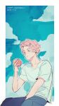  1boy :t bamby_(plave) blue_pants border closed_mouth cloud collarbone commentary crew_neck dated food hair_ornament hairclip happy_birthday highres holding holding_food male_focus outside_border pants parallel_hairclips pink_eyes pink_hair pixels_(penelopejo18155) plave shirt short_hair short_sleeves sitting sky solo t-shirt wavy_hair white_border white_shirt 