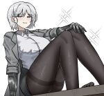  1girl absurdres black_pantyhose blush breasts collared_shirt commentary faust_(project_moon) grey_eyes grey_hair grey_jacket hair_between_eyes hand_on_own_knee highres jacket large_breasts limbus_company long_sleeves mechanical_arms mitama_nyan no_shoes open_clothes open_jacket open_mouth pantyhose project_moon shirt short_hair simple_background sitting smile solo sweatdrop thick_thighs thighs white_background white_shirt 