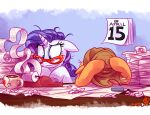 2015 applejack_(mlp) beverage blonde_hair calendar clothing coffee cowboy_hat duo equid equine eyewear female feral freckles friendship_is_magic glasses hair hasbro hat headgear headwear hooves horn mammal messy_hair my_little_pony mythological_creature mythological_equine mythology orange_body paper paper_stack pencil_(object) purple_hair rarity_(mlp) unicorn wearing_glasses white_body whitediamonds