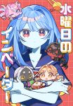  5girls :d :o absurdres black_eyes black_hair black_skin blonde_hair blue_hair blue_sailor_collar blue_shirt blue_skin blunt_bangs blush braid bread bread_slice chibi closed_mouth colored_skin commentary_request cover cover_page crossed_bangs double-parted_bangs egg_(food) food grid_background grin hair_between_eyes hair_intakes highres horns kanyoko_(yuzukano_17) long_hair looking_at_viewer mini_person minigirl multicolored_hair multiple_girls one_eye_closed open_mouth original parted_bangs pink_skin purple_eyes red_background red_eyes red_skin red_streaks sailor_collar school_uniform serafuku shirt short_hair short_sleeves single_braid single_hair_intake skin-covered_horns smile streaked_hair toast upper_body v white_hair yellow_eyes 
