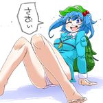  aono3 arm_support backpack bag barefoot blue_eyes blue_hair hair_bobbles hair_ornament hat kawashiro_nitori key no_pants one_eye_closed open_mouth panties pink_panties sitting solo speech_bubble striped striped_panties touhou two_side_up underwear 