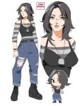  1girl ben_10 black_hair denim genderswap genderswap_(mtf) highres jeans kamii_momoru kevin_levin multiple_views pants scar scar_on_face shirt striped_clothes striped_shirt torn_clothes torn_jeans torn_pants 