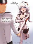  1boy 1girl 1nilla' ahoge bar_censor blue_eyes bodypaint braid breasts captain_(honkai_impact) censored clothed_male_nude_female commentary completely_nude covering_breasts covering_privates english_commentary highres honkai_(series) honkai_impact_3rd kiana_kaslana kiana_kaslana_(white_comet) large_breasts nipples nude open_mouth public_indecency public_nudity pussy twin_braids white_hair 