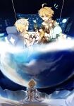  1boy 1girl absurdres aether_(as_heaven_and_earth_are_made_anew)_(genshin_impact) aether_(genshin_impact) blonde_hair brown_gloves brown_pants brown_shirt closed_eyes coat commentary crop_top cup earth_(planet) flower genshin_impact glass gloves hair_flower hair_ornament highres holding holding_cup huhu_norii long_hair lumine_(genshin_impact) midriff open_mouth pants planet ponytail shirt untranslatable_commentary white_coat yellow_eyes 