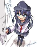  1girl akatsuki_(kantai_collection) blue_eyes hat have_to_pee kantai_collection long_hair neckerchief open_mouth pantyhose purple_hair red_neckwear school_uniform serafuku skirt sleeve_tug tears translated trembling tsukishima_makoto wavy_mouth 