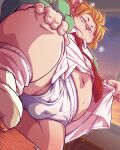 4:5 accessory anthro belly briefs bulge clothing felid feline footwear hi_res kemono male mammal navel necktie overweight overweight_male shirt socks solo stained_underwear takagi_kyou tighty_whities topwear underwear white_briefs white_clothing white_underwear