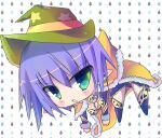  1girl blush boots breasts brown_cape cape chibi chibi_only cleavage commentary_request dress full_body fur-trimmed_boots fur-trimmed_cape fur_trim gold_trim green_eyes green_hat hanimitsu hat looking_at_viewer medium_breasts open_mouth pointy_ears purple_boots purple_dress purple_hair ragnarok_online short_hair solo water_drop white_background witch_hat wizard_(ragnarok_online) 