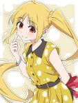  1girl ahoge belt black_belt blonde_hair bocchi_the_rock! border bracelet braid braided_base collared_dress commentary_request dotted_background dress highres ijichi_nijika jewelry long_hair looking_at_viewer mayo_(oekaki_bibbi) outside_border pearl_bracelet ponytail ponytail_with_braided_base red_eyes short_sleeves smile solo white_border yellow_dress 
