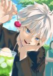  1boy absurdres black_shirt blue_eyes cherry commentary cup day drink drinking_glass drinking_straw fingernails food fruit head_rest highres holding holding_food holding_fruit hunter_x_hunter killua_zoldyck long_sleeves looking_at_viewer male_focus melon_soda open_mouth outdoors realistic_teeth shirt short_hair solo teeth uminekohigurasinonakukoroni upper_body white_hair 