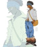  1boy bag black_hair commentary dark-skinned_male dark_skin denim english_commentary full_body gaiaayres hands_in_pockets highres jeans long_nose long_sleeves male_focus one_piece orange-tinted_eyewear orange_bag pants pursed_lips shirt short_hair standing stomach_hair tinted_eyewear usopp white_background white_shirt zoom_layer 