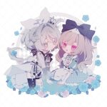  2girls :d apron black_bow black_bowtie black_shorts black_thighhighs blue_dress blue_flower blue_rose blush bow bowtie brown_hair chibi chibi_only closed_mouth commentary_request double-parted_bangs dress flower frilled_sleeves frills gloves grey_eyes grid_background hair_between_eyes hair_bow hair_intakes highres jacket long_hair multiple_girls neck_ribbon open_mouth original p_pi011 red_eyes ribbon rose short_hair short_sleeves shorts smile striped_bow striped_bowtie striped_clothes thighhighs white_apron white_background white_bow white_gloves white_hair white_jacket white_ribbon 