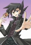  :d black_eyes black_hair card duel_monster hino_(mooncalf+t) jacket lowres male_focus manjoume_jun ojama_yellow open_mouth smile solo yuu-gi-ou yuu-gi-ou_gx 