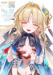  2girls blonde_hair blue_eyes blue_hair breasts cleavage closed_mouth commentary_request earrings gloves hair_intakes hair_ornament hands_on_another's_cheeks hands_on_another's_face highres jewelry lita_(ritaomochi) long_hair looking_at_another medium_breasts multiple_girls open_mouth parted_bangs qr_code red_gloves siblings sisters smile suisui_(wuthering_waves) tacet_mark_(wuthering_waves) wuthering_waves yangyang_(wuthering_waves) yangyang_(xuanling)_(wuthering_waves) 