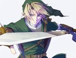  blonde_hair blue_eyes gloves hat holding holding_sword holding_weapon left-handed link male_focus pointy_ears solo sword the_legend_of_zelda torro weapon 