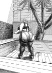 absurd_res anatid anseriform anthro avian big_butt bird black_bra black_clothing black_underwear bra breasts butt clothing duck female fishnet_clothing fishnet_legwear footwear hatching_(art) hi_res high_heels huge_butt legwear looking_at_viewer looking_back looking_back_at_viewer mature_female monochrome palm_tree panties plant pokuyuno239 pose shaded shoes side_boob slightly_chubby solo thick_thighs tree underwear